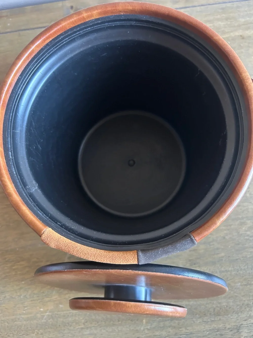 MCM Brown Leather Cylindrical Ice Bucket With Black Accent Made in L. A. USA.